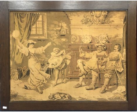 LARGE FRAMED TAPESTRY (20TH CENTURY), depicting a lively interior genre scene 90cm x 115cm Framed