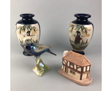 PAIR OF JAPANESE SATSUMA VASES, 18cm high, along with a ceramic figure of a budgie and a Lilliput Lane model house (4)
