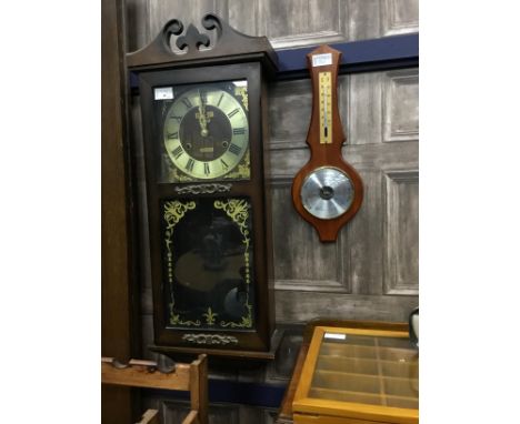 MID-20TH CENTURY WALL CLOCK, 71cm high, along with a cased collection of miniature clocks, a barometer and a camera