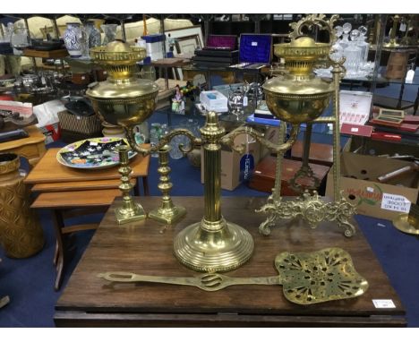 BRASS TWO BRANCH OIL LAMP, 47cm high, along with a pair of candlesticks, table picture easel, kettle on stand, milk skimmer a