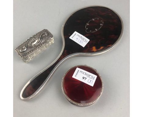 FRENCH SILVER AND ENAMEL COMPACT, along with a sliver mounted hand mirror and a glass grip holder with silver cover (3)