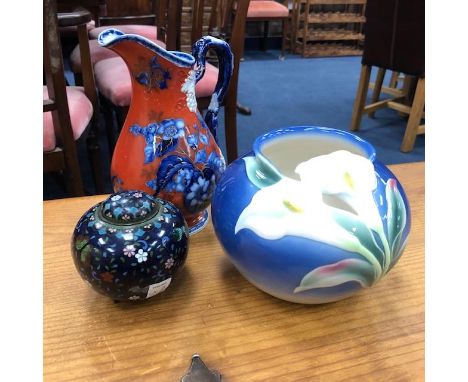 VICTORIAN STONEWARE WATER JUG, 23cm high, along with a cloisonné lidded pot and a Franz ceramic vase, 15cm high (3)