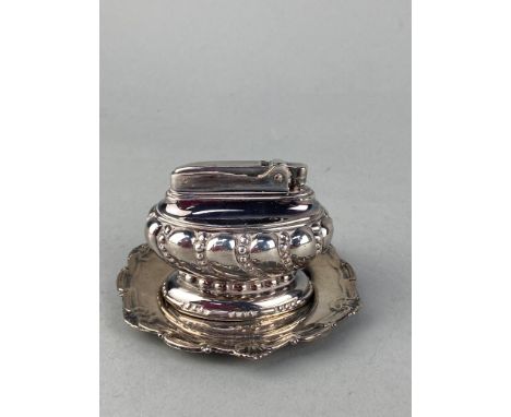 SILVER PIN TRAY, 11cm diameter, along with a Ronson table lighter (2)