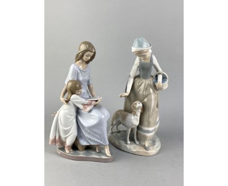 NAO FIGURE OF A GIRL AND DOG, 28.5cm high, and a Lladro figure group of mother and daughter (2)