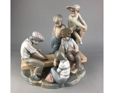 CERAMIC FIGURE GROUP OF BOYS PLAYING CARDS, 52cm high