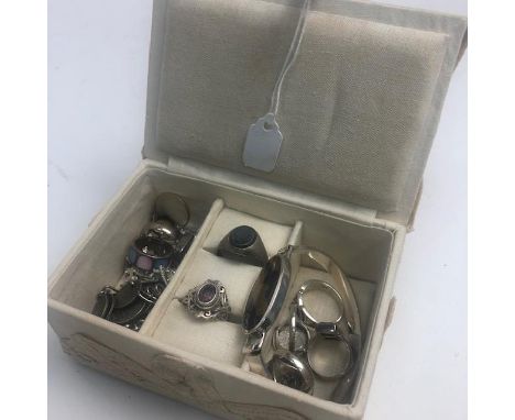 LOT OF SILVER AND OTHER JEWELLERY, including several rings, a bangle and a coin bracelet