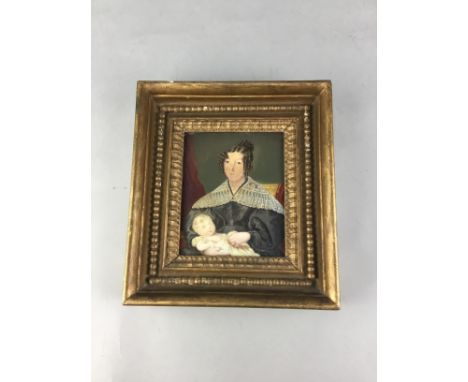 19TH CENTURY PAINTING ON A CERAMIC TILE, depicting a Mother and child, inscribed verso, painted by W. Corden, framed, 24cm x 