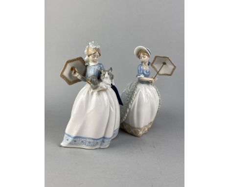 NAO FIGURE OF A GIRL WITH A DOG AND HOLDING A PARASOL, 24cm high, along with another Nao figure of a girl with a parasol