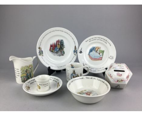 LOT OF BEATRIX POTTER CERAMICS, including a soap dish, cups, plates and a money bank