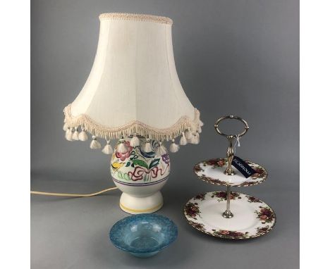 POOLE POTTERY FLORAL DECORATED TABLE LAMP, along with a Monart glass dish and a Royal Albert Old Country Roses cake stand