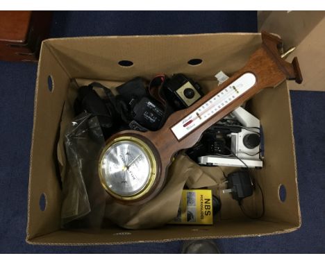 LOT OF VARIOUS INSTRUMENTS, including a barometer, microscope, slides, cameras and other items