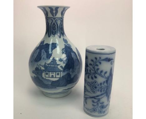 CHINESE BLUE AND WHITE BALUSTER VASE, 30.5cm high, along with a Chinese cylindrical ceramic pillow (2)