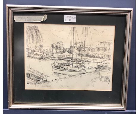 CONTEMPORARY SCHOOL, HARBOUR SCENE limited edition print, signed 'Carlo' and numbered 121/200 21cm x 28cm Mounted, framed and