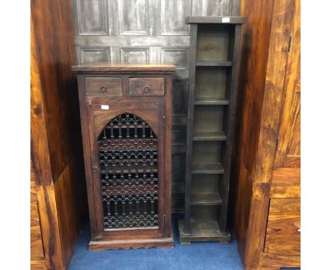 EASTERN CABINET, with pierced metal panelled door, along with a narrow open shelf, 54.5cm wide (2)