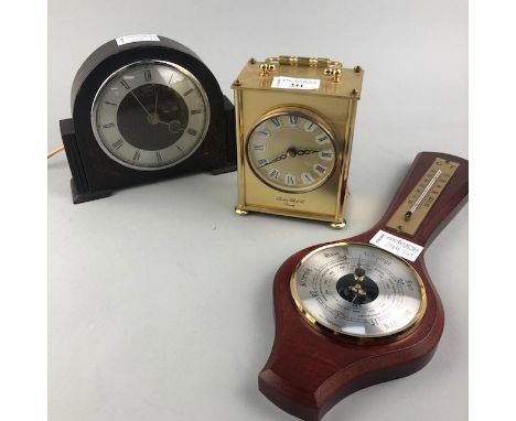 LONDON CLOCK COMPANY BRASS CARRIAGE CLOCK, 12.5cm high, along with a Smith's Setric mantel clock and a miniature wall baromet