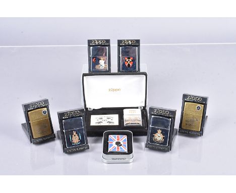Military, an assortment of Military related Zippo lighters, to include Winston Churchill 50th Anniversary of V.E Day, Regimen