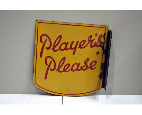 Players Please, vintage double-sided enamel sign with hanging flange, red stylised lettering on yellow ground, 42cm x 40cm 