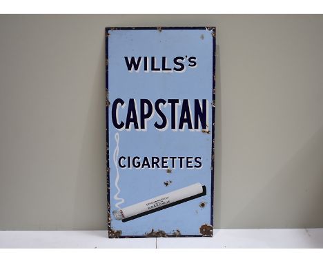 Will's Capstan Cigarettes, a vintage enamel advertising sign, dark blue lettering on pale blue background, with pictorial cig