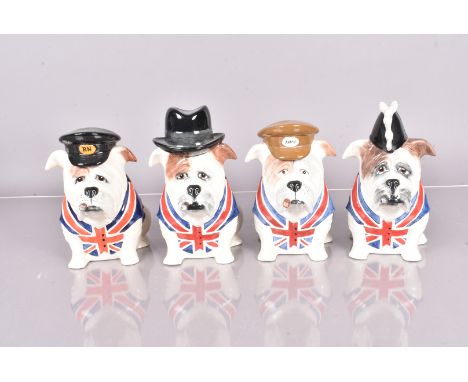 Four Manor Collectables British Bulldog figures, comprising Winston Churchill bowler hat, Royal Navy Cap, Army Cap and bi-cor