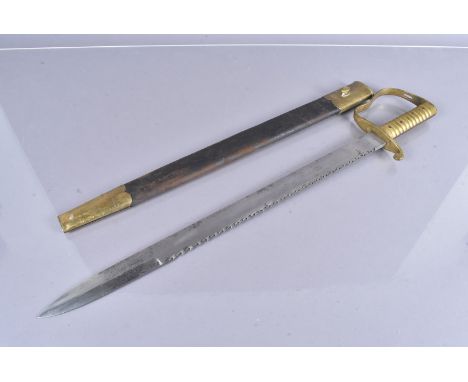 A British 1856 Sawback side arm, War Department marked 57cm long blade, with 36cm long saw back, dated 17, with BN stamped to