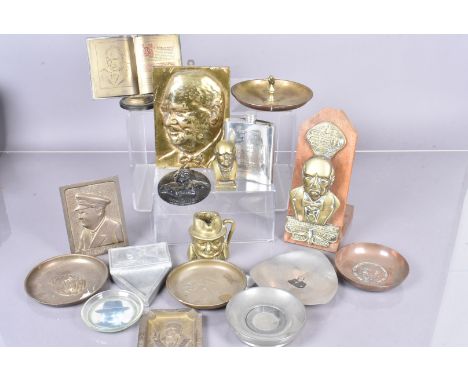 A large collection of Winston Churchill related metal ware, to include a door knocker, horse brasses, ashtrays, dishes, figur