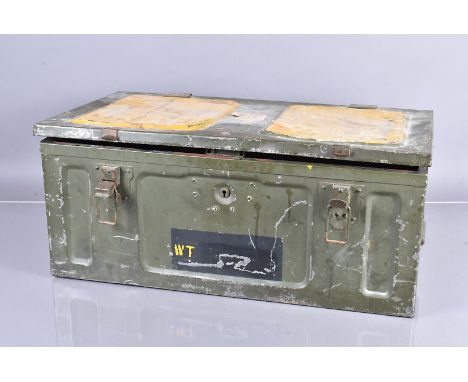 A military ammunition metal carry case, with hand writing Foreign &amp; Commonwealth Office, St Helena, South Atlantic 