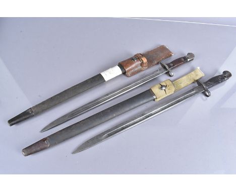 Two 1907 SMLE bayonets and scabbards, comprising a 'Siamese Mauser' with crouching tiger stamp, with wrong scabbard, the othe