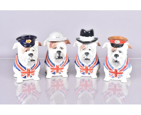 Four Manor Collectables British Bulldog figures, Winston Churchill in Homburg, Prime Minister's Brodie Helmet, Army Cap and R