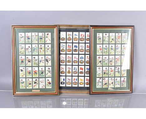 An assortment of framed and glazed cigarette card sets, including Players Cricketer Caricatures by 'RIP', Military Uniforms o