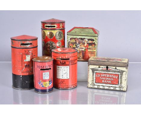 A selection of vintage money boxes, including a Co-operative Savings Bank, a Brooke Bond lockable money box with ship scene, 