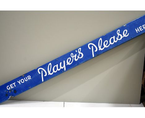 Get Your Player's Please Here, vintage enamel sign, white stylised lettering on blue ground, 183.5cm x 15.5cm x 1.5cm 
