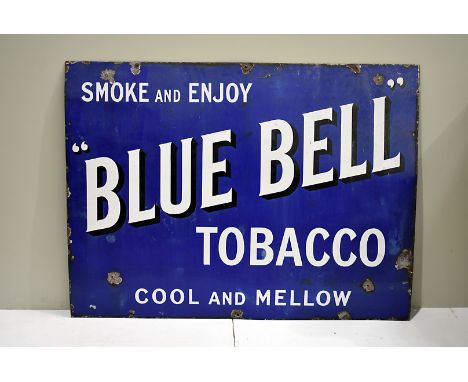 Blue Bell Tobacco, vintage enamel sign, with white upper case lettering on blue ground, 102cm x 76cm 