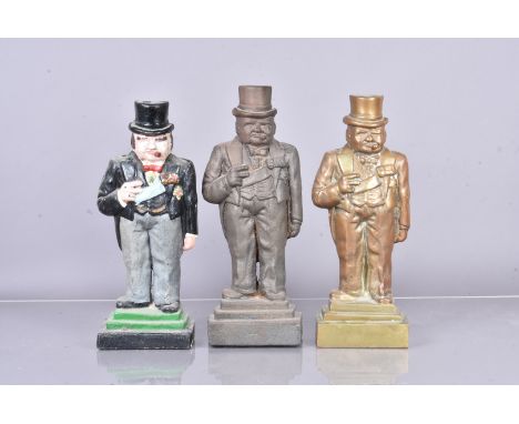 Three vintage Winston Churchill doorstops, including a brass and two iron examples, all of the same design, with different de