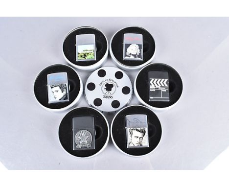 Stars of Hollywood, Six Zippo lighters dated 2000, comprising The Walk of Fame, The Hollywood Sign, James Dean, Elvis Presley