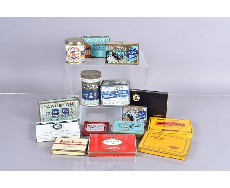 A collection of vintage tobacco and cigarette tins, including Tetleys, Curly Cut, Capstan Navy Cut, Senior Service, Gold Flak