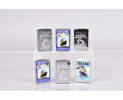 Titanic, six Zippo lighter all relating to the Titanic, including two White Star Line examples, and four polished chrome exam