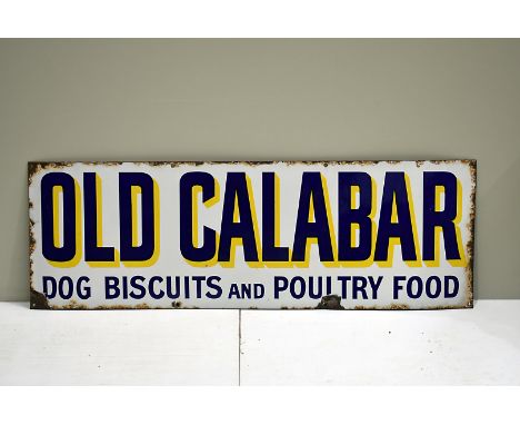 Old Calabar, Dog Biscuits and Poultry Food, vintage enamel advertising sign, navy blue upper case lettering heightened in yel