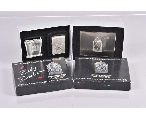 Zippo 65th Anniversary sets, including 'Lady Barbara', table lighter and cigarette case, both with original fitted retailer's