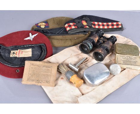 A WWII British grooming kit, comprising razor by AS &amp; CO, swith brush and soap tin, in carrier, all marked with a broad a