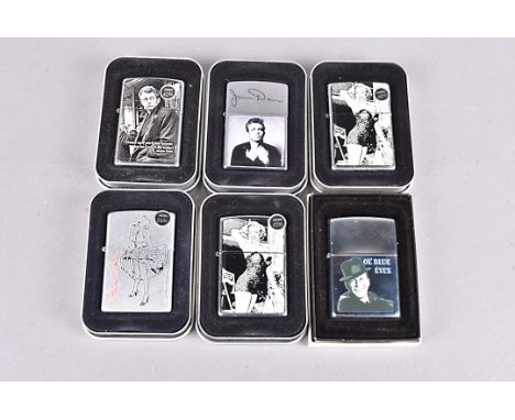 Music &amp; Entertainment, a group of six related Zippo lighters, including Ol' Blue Eyes, two James Dean and three Marilyn M