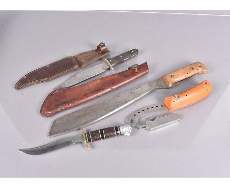 A British Martindale No.2 Machete, complete with sheath, together with a Joseph Rodgers Bowie knife, a 'Serbian Skinner' by S