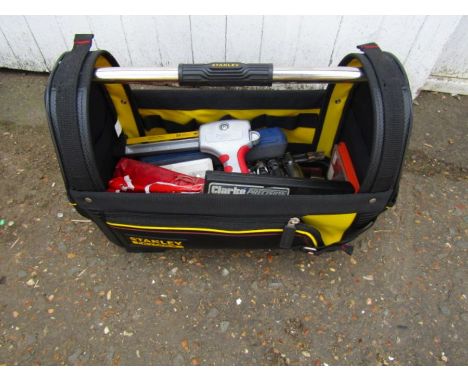 Stanley tool bag with tools including socket set, hacksaw and drill bits etc