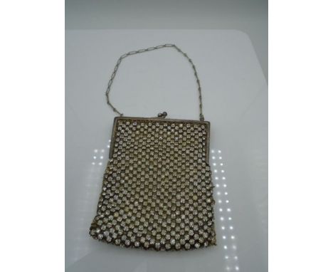 Vintage white metal rhinestone crystal cocktail purse with chain handle