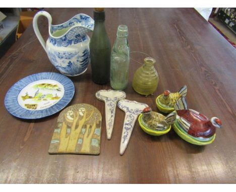 Vintage china-  chicken egg crocks (1 a/f) ceramic markers, Lincolnshire and March bottles, etc