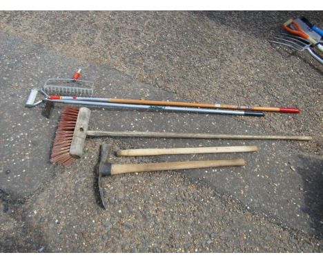 Garden tools including hoe, rake and pick axe etc 