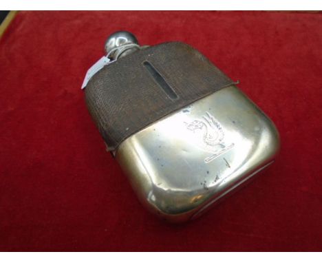 A Silver and glass Hallmarked 1889 Sheffield Hip flask. By James Dixon &amp; Sons, engraved with a Griffin/phoenix possible M