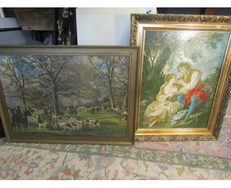 Ts Fountaine print of a hunting scene and a Romantic print in gilt frame 