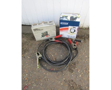Small 12v air compressor, Draper work lamp and jump leads 