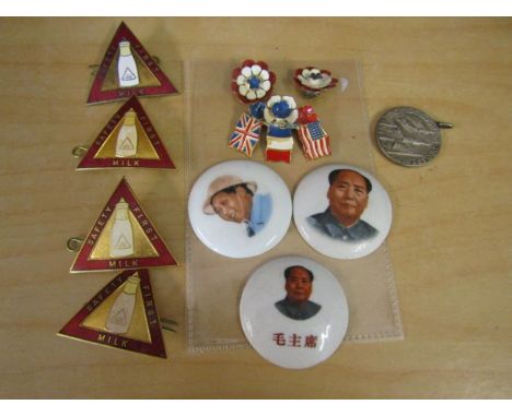 ww2 era patriotic brooch and earrings set, Chinese 1960s medals and Safety first milk badges and a 1944 fight for liberty med