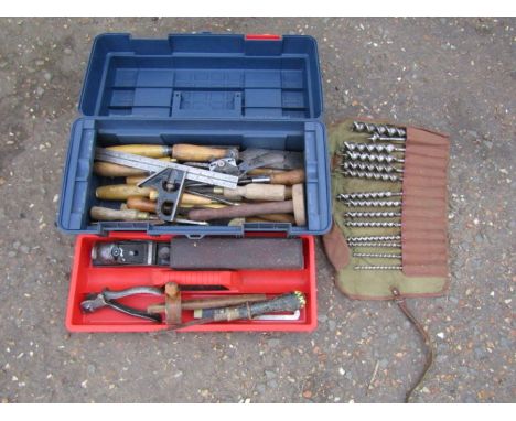 Toolbox containing tools including chisels and drill bits etc 